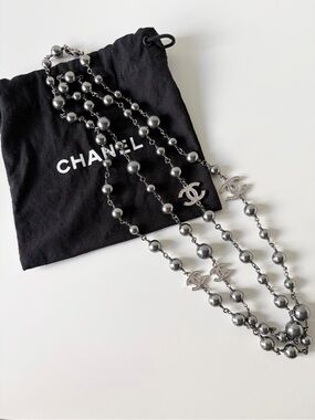 Chanel Grey Pearl CC Logo Long Necklace – Ruthenium Tone Crystal Accents